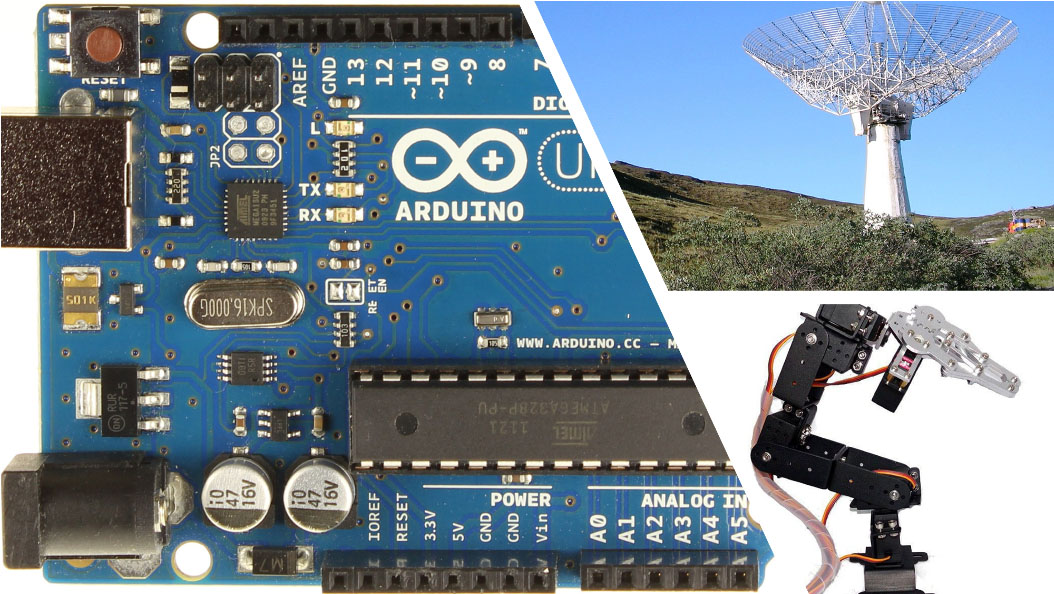 Arduino Elctronic board and a robo arm and a satellite dish